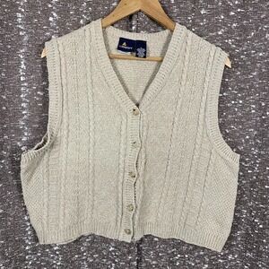 Vintage Liz Wear Womens Vest Large Beige Sweater Cable Knit Buttons Academia USA